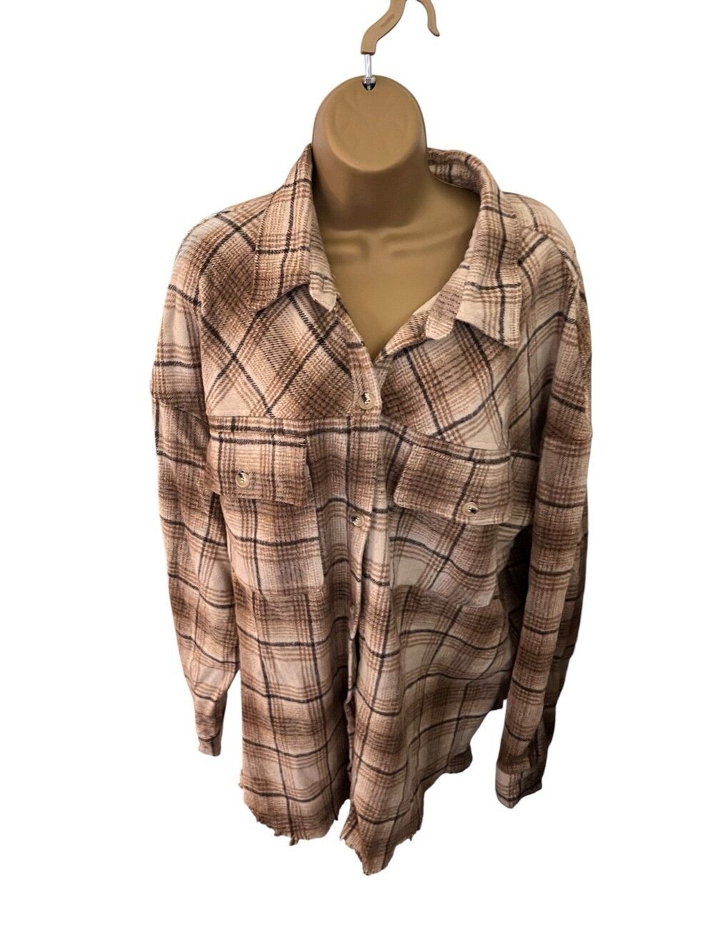 White Birch Oversized Plaid Flannel Shirt Beige Brown Raw Hem 1X